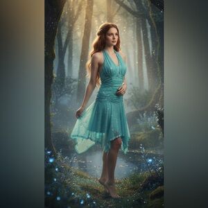 VTG Y2K Dress Fairy Drop Waist Turquoise‎ Sparkly Asymmetrical Flare Halter M
